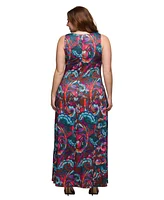 24seven Comfort Apparel Plus Print Scoop Neck A-Line Sleeveless Maxi Dress