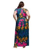 24seven Comfort Apparel Plus Cap Sleeve V-Neck Side Slit Pocket Maxi Dress