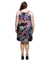 24seven Comfort Apparel Plus Knee Length Print Sleeveless Keyhole Dress