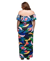 24seven Comfort Apparel Plus Off Shoulder Print Side Slit Maxi Dress
