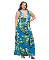 24seven Comfort Apparel Plus Size Print Scoop Neck A-Line Sleeveless Maxi Dress