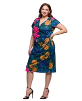 24seven Comfort Apparel Plus Knee Length Short Sleeve Faux Wrap Dress