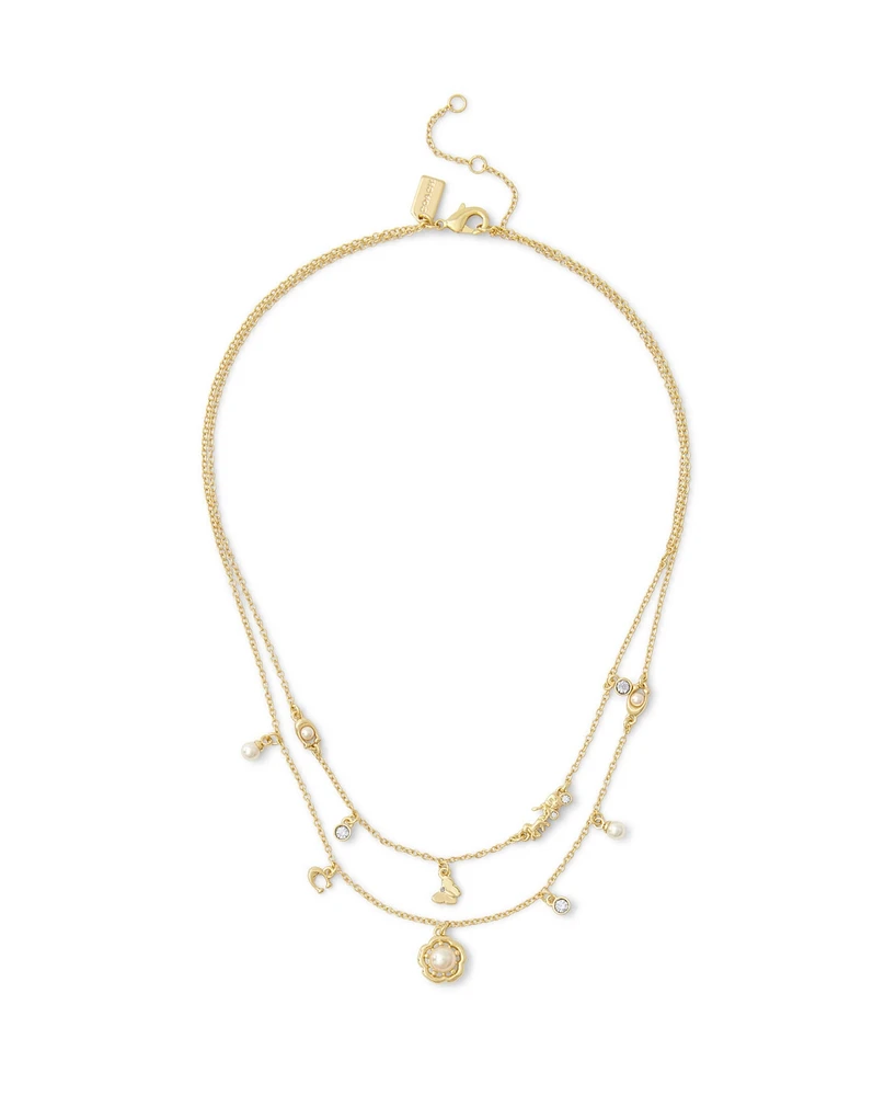 Coach Signature Faux Stone Tea Rose Cultivated Pearl Layered Necklace