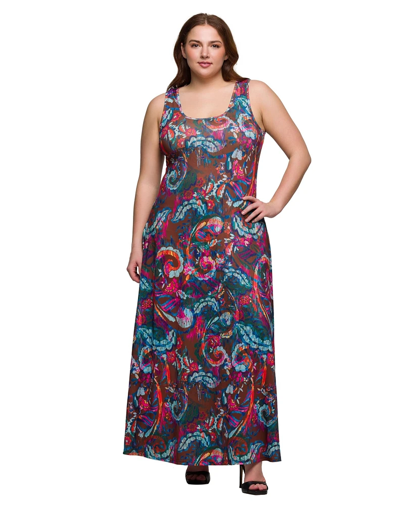 24seven Comfort Apparel Plus Print Scoop Neck A-Line Sleeveless Maxi Dress