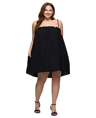 24seven Comfort Apparel Plus Square Neck Spaghetti Strap Smocked Pocket Mini Dress