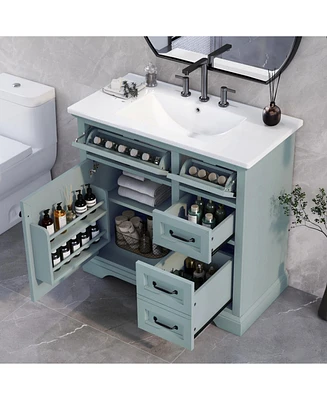 36" Bathroom Vanity with Sink, Ceramic Sink, 2 Tip-out Drawers, Soft Close Door Hinges, Grey