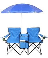 Foldable Camping Chair Outdoor Portable Picnic Double Chair with Umbrella Folding Beach Chair Backpacking Blue