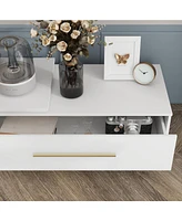 Tv stand with two drawers, retractable media console, white wooden entertainment center