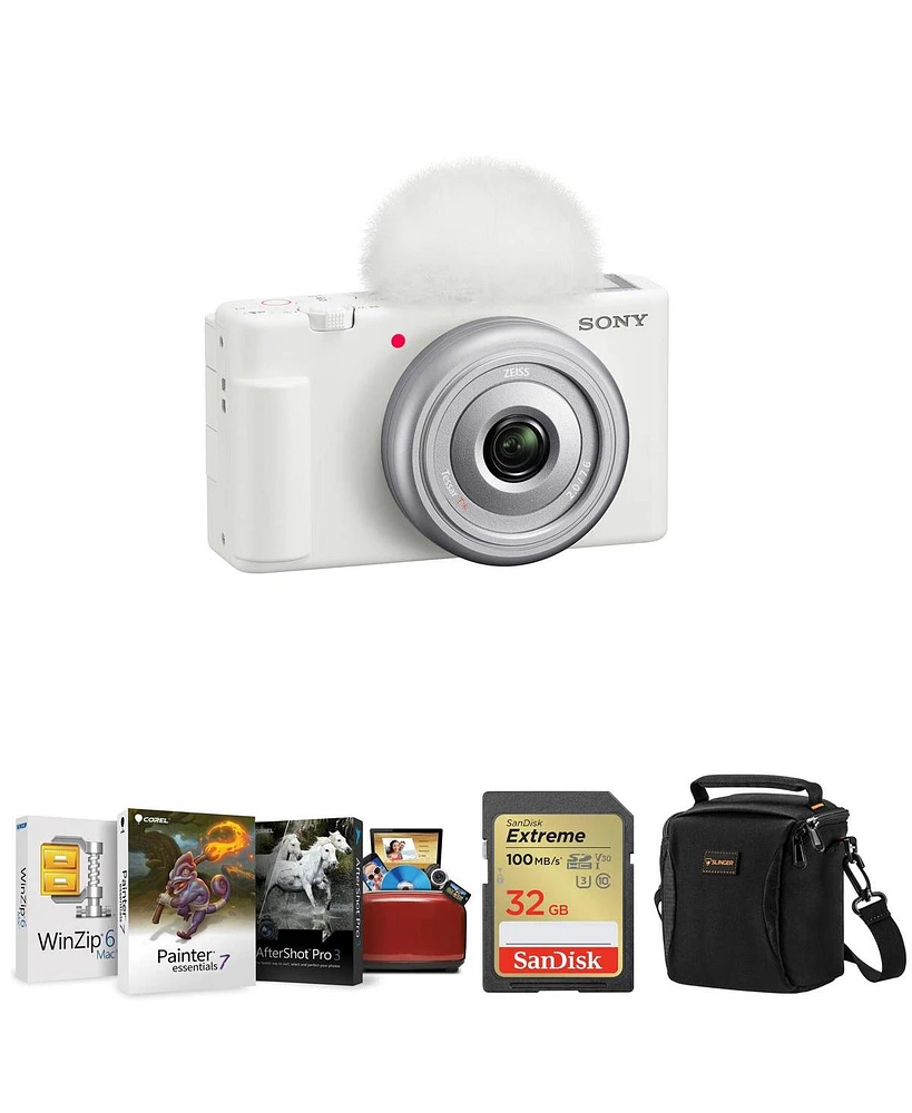 Sony Zv-1F Vlogging Camera, White Bundle with Corel Mac Software Kit, 32GB Sd Card, Shoulder Bag