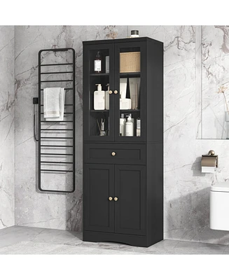 Tall Bathroom Storage Cabinet, Cabinet with Four Doors and Drawers, Adjustable Shelf, Mdf Board, Black