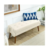 Modern Upholstered Bench with Looped Yarn Fabric, Soft Cushion, Geometric Armrests, and Rubber Wood Legs for Living Room, Bedroom, Entryway-The Po