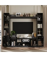 Black four-door Tv stand, media console with movable shelves, multi-purpose entertainment center