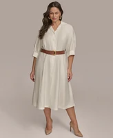 Donna Karan New York Plus Cotton Belted 3/4-Sleeve Shirtdress
