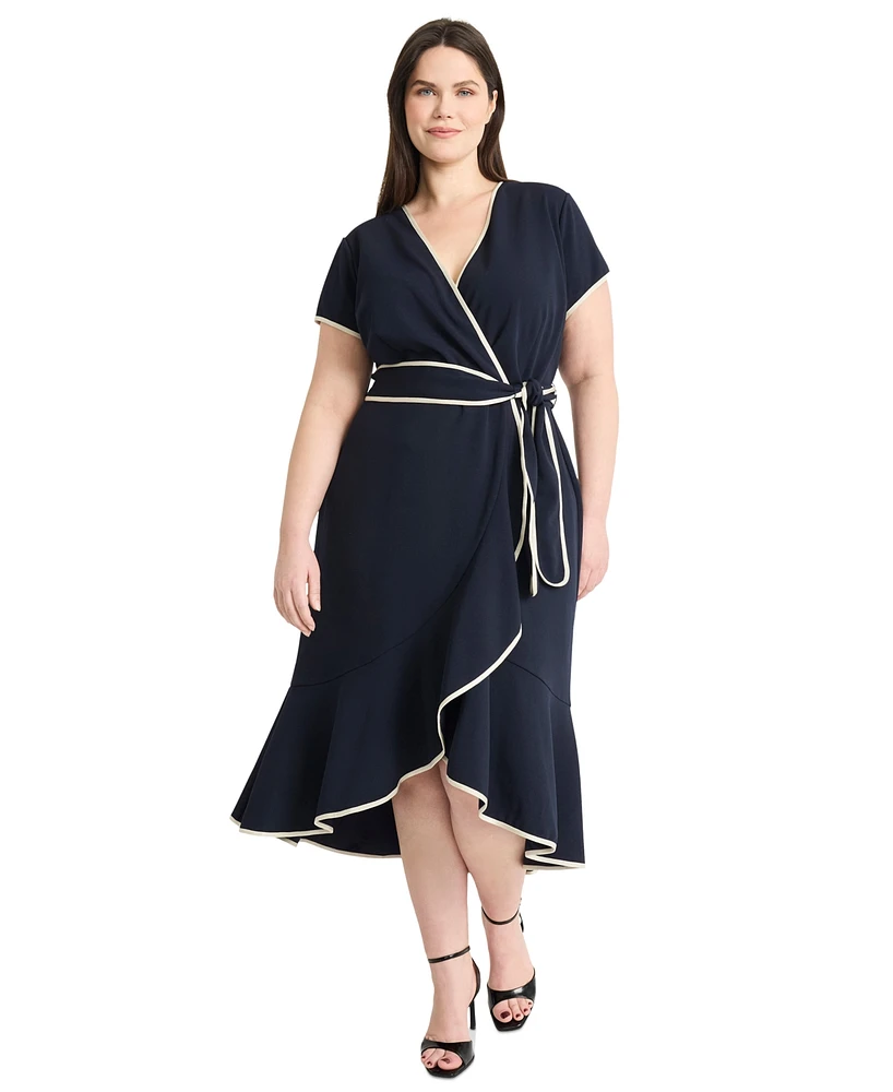 Maggy London Plus Contrast-Trim Tie-Waist Midi Dress