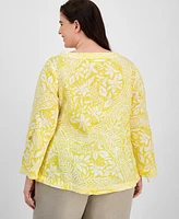 Charter Club Plus 100% Linen Printed Roll-Tab-Sleeve Top, Exclusively at Macy's