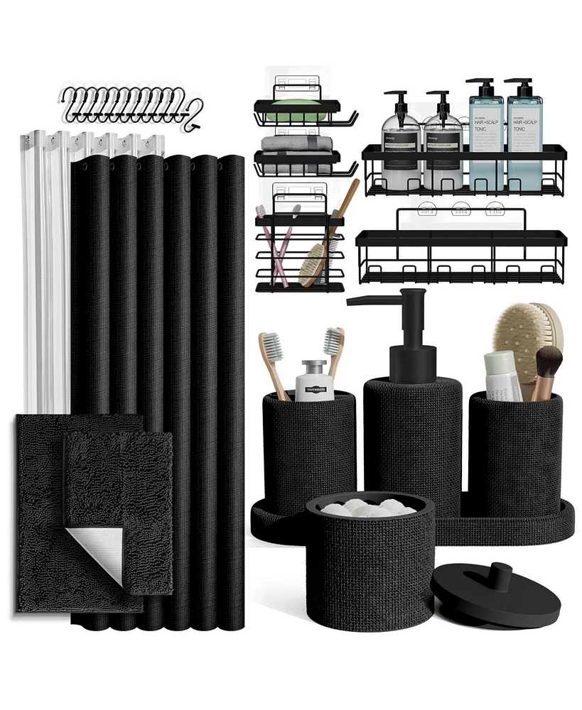 Complete Burlap-Texture Polyresin Bathroom Decor & Accessory Set with Shower Curtain, Caddy Bath Rugs