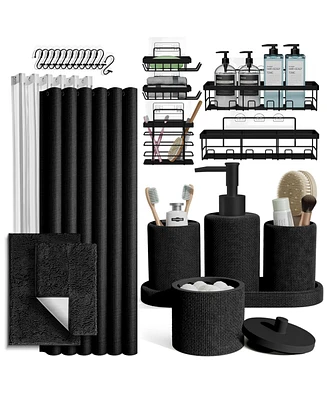 Complete Burlap-Texture Polyresin Bathroom Decor & Accessory Set with Shower Curtain, Caddy Bath Rugs