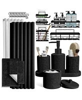 Complete Burlap-Texture Polyresin Bathroom Decor & Accessory Set with Shower Curtain, Caddy Bath Rugs