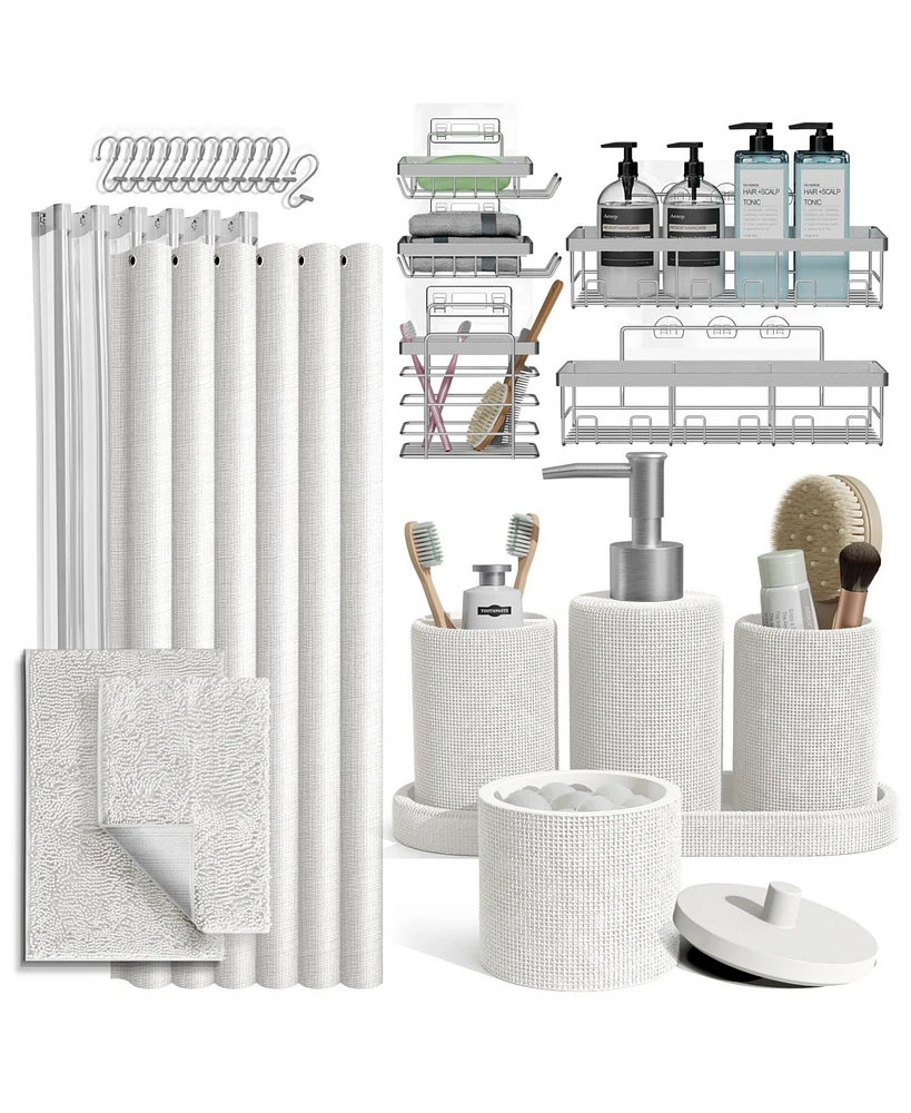 Complete Burlap-Texture Polyresin Bathroom Decor & Accessory Set with Shower Curtain, Shower Caddy Set & Bath Rugs