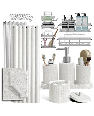 Complete Burlap-Texture Polyresin Bathroom Decor & Accessory Set with Shower Curtain, Shower Caddy Set & Bath Rugs