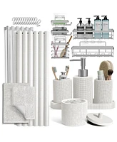 Complete Burlap-Texture Polyresin Bathroom Decor & Accessory Set with Shower Curtain, Shower Caddy Set & Bath Rugs