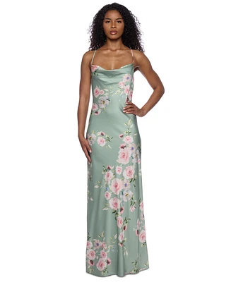 Alex & Sophia Juniors' Floral Satin Cowlneck Gown