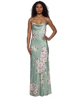 Alex & Sophia Juniors' Floral Satin Cowlneck Gown