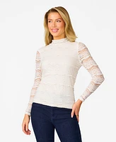 Cable & Gauge Women's Ruffle Lace Stretch Mock Neck Top
