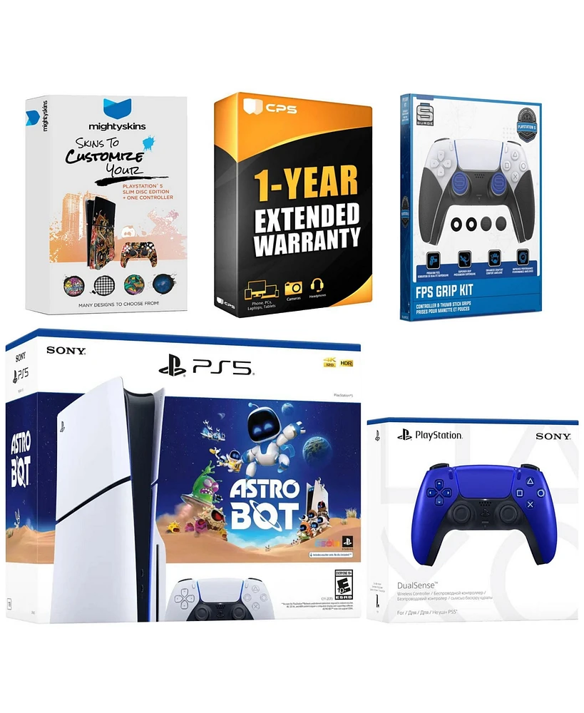 Sony PlayStation 5 Slim Disc Astro Bot Bundle with Extra Cobalt Blue Controller, Fps Grip Kit, MightySkins Code and 1 Year Extended Warranty