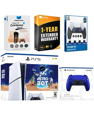 Sony PlayStation 5 Slim Disc Astro Bot Bundle with Extra Cobalt Blue Controller, Fps Grip Kit, MightySkins Code and 1 Year Extended Warranty