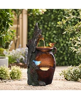 LuxenHome Rain Barrel with Tree and Birds 2.5-Feet Tall Outdoor Polyresin Fountains with Light