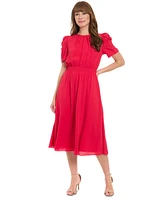 London Times Women's Shirred Jewel-Neck Midi Dress