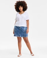 On 34th Plus Cotton Gauze Scoop-Neck Puff-Sleeve Top, Exclusively at Macy's
