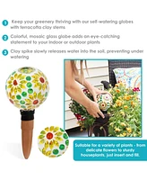 Mosaic Glass Plant Watering Globe with Clay Spike - Decorative Self-Watering Planter Insert Water Dripper for Plants 9.5" Magenta Medley