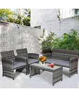 4PCS Patio Rattan Furniture Set Conversation Glass Table Top
