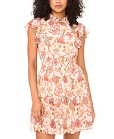 Msk Petite Floral-Print Flutter-Sleeve Smocked-Waist Dress