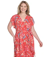 Eliza J Plus Printed V-Neck Faux-Wrap Chiffon Dress