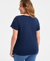 Style & Co Plus Crewneck Button-Trim-Shoulder Cotton Top, Exclusively at Macy's