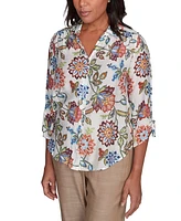 Alfred Dunner Petite Floral-Print Tie-Sleeve Shirt
