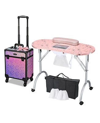 Byootique Manicure Table Nail Desk & Rolling Makeup Train Case Kit Mermaid Pink