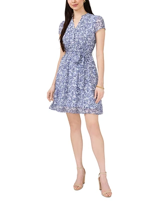 Msk Petite Printed Tie-Waist Short-Sleeve Dress