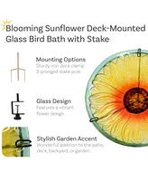 Glass Bird Bath Bowl - 10.5” Diameter Includes Deck Clamp and Staked Stand Blooming Sunflower