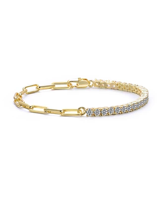 14K Gold Plated with Clear Cubic Zirconia Half Tennis Half Link Bracelet