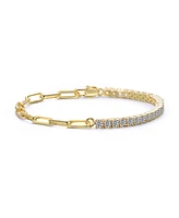 14K Gold Plated with Clear Cubic Zirconia Half Tennis Half Link Bracelet