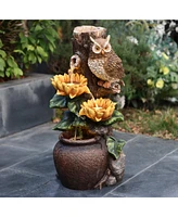 LuxenHome Sunflower and Owl 2.3-Feet Tall Outdoor Polyresin Fountain with Lights