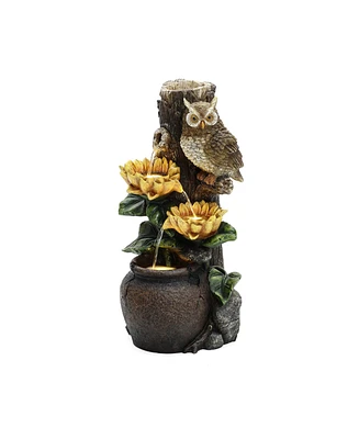 LuxenHome Sunflower and Owl 2.3-Feet Tall Outdoor Polyresin Fountain with Lights