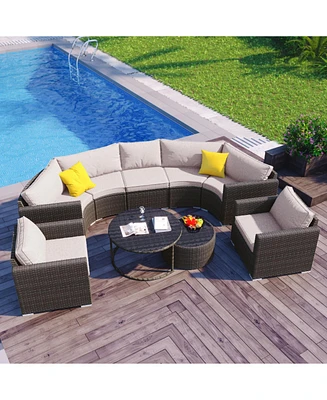 9-Pieces Outdoor Half-moon Patio Sofa Set, Round Sofa Set, Modern Style Sofa, Brown Wicker, Beige Cushion