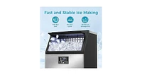 Zafro moon-shaped ice maker can produce 100 pounds of ice per day and has a storage capacity of 28 pounds. It features a two-way water filling system,