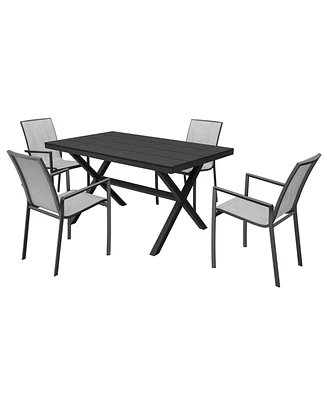 5-Piece Aluminum Frame Outdoor Dining Set with Faux Wood Table Stackable Chairs Patio Furniture