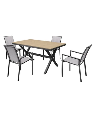 5-Piece Aluminum Frame Outdoor Dining Set with Faux Wood Table Stackable Chairs Patio Furniture